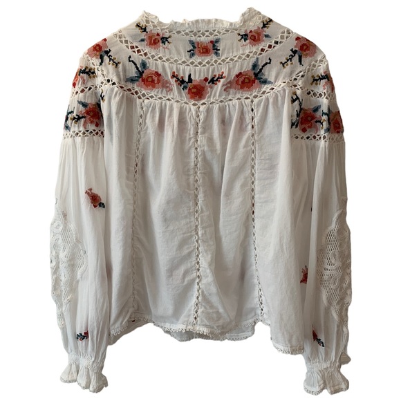 Zara White Floral Embroidered Open Smocked Puff Sleeve Boho Top - Picture 6 of 10